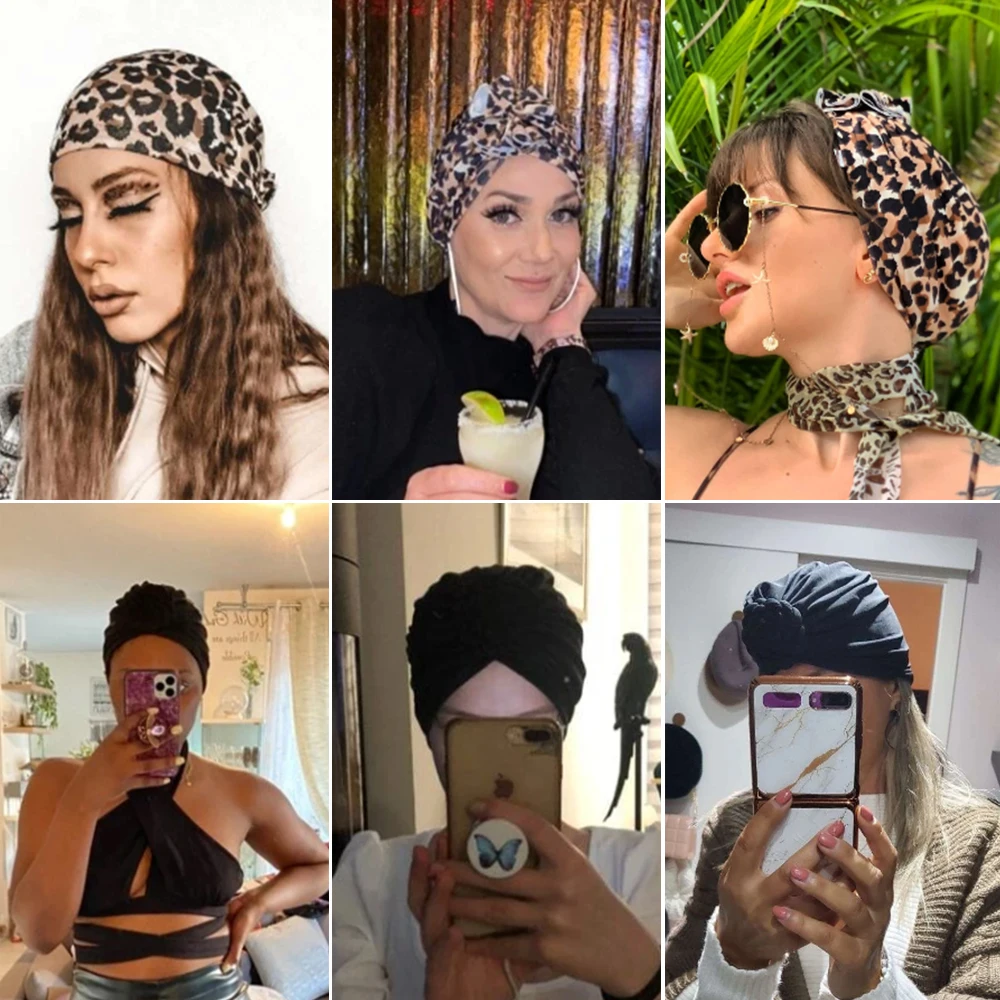 4Pcs African Turbans for Women Flower Knot Pre-Tied Bonnet Hair Wrap Soft Cotton Hijab Cap Muslim Ladies Head Scarf Headwrap