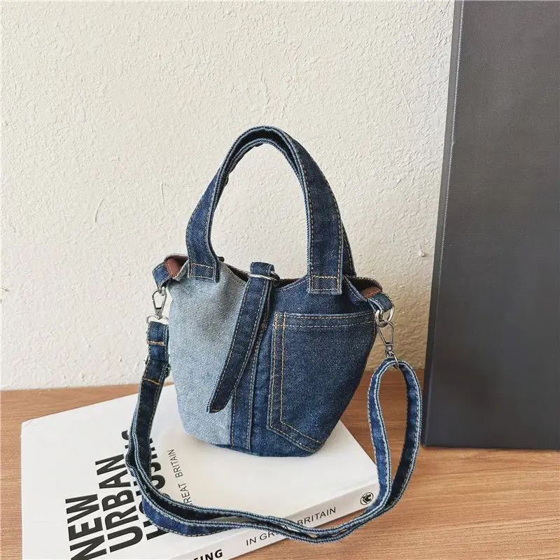 Miyagawa Versatile Denim Casual Vegetable Bucket Bag Niche Design New Korean Version Color Blocking One Shoulder Crossbody Bags