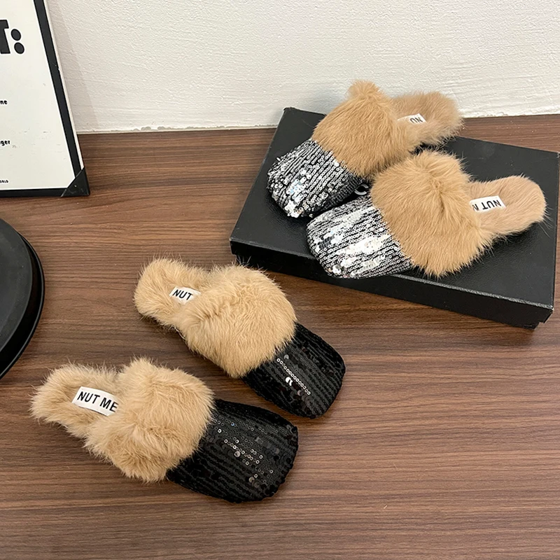 النساء بلينغ رقيق النعال الشقق قصيرة أفخم أحذية قطنية البغل أحذية صناديل للنساء شتاء 2025 الاتجاه Slingback الوجه يتخبط Mujer