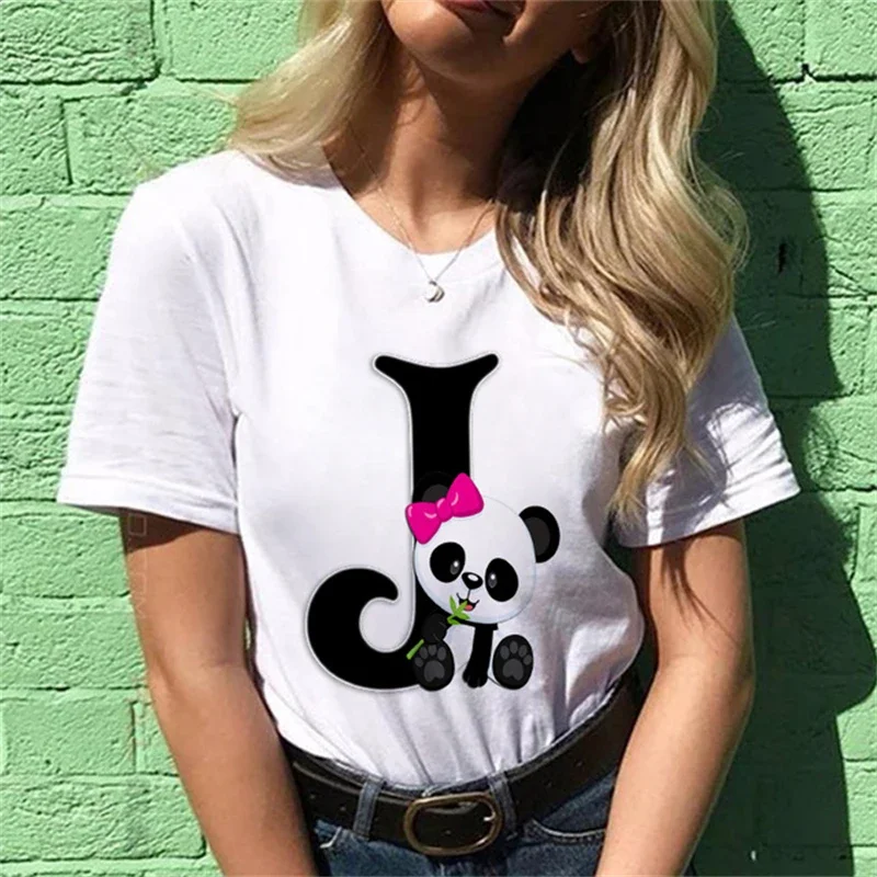 Women T Shirt Cute Panda Letter C Graphic Print Short Sleeve Ladies Casual Summer Tee Top