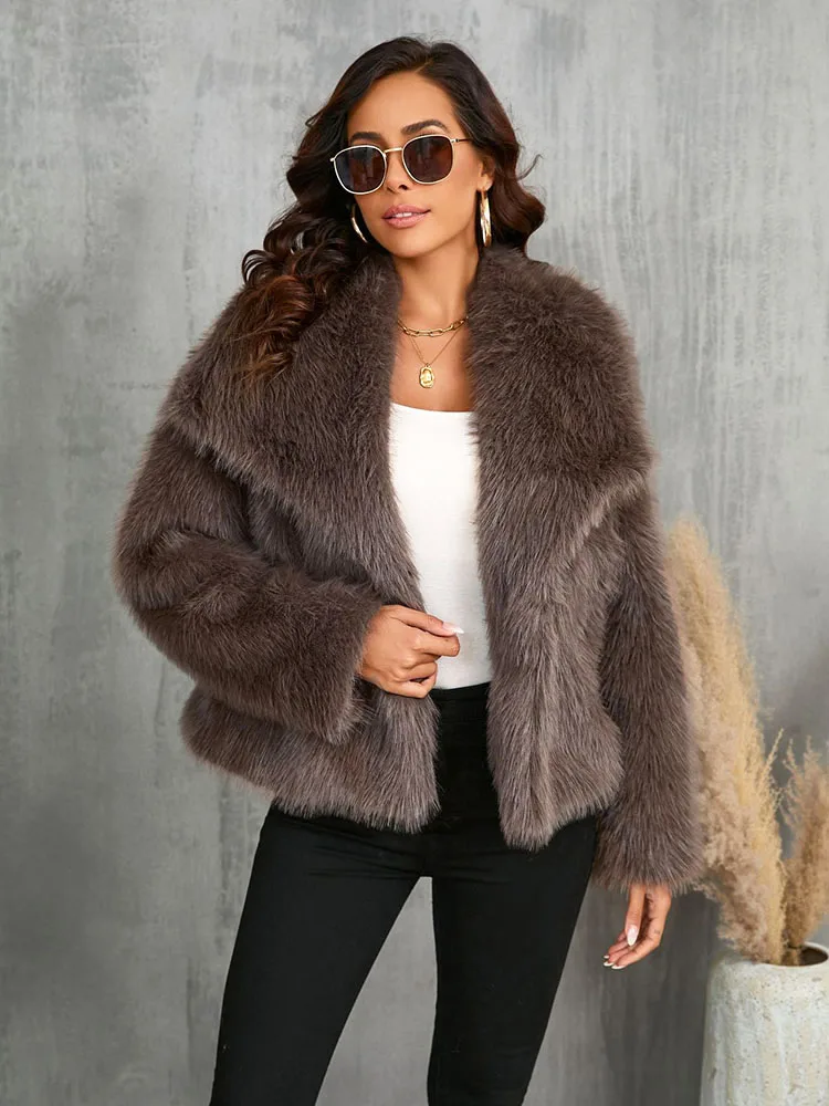 Fashion Oversized Turn Down Collar Fluffy Faux Fur Coat Women Vintage Faux Fur Jacket Coats Winter Coat Women Clothes 3167