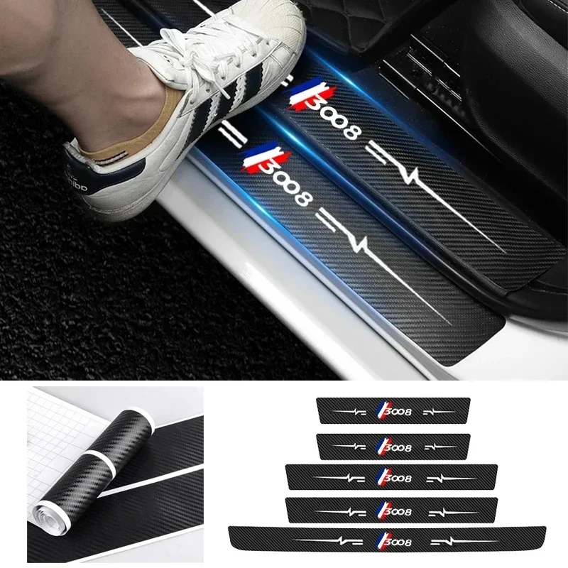 Carbon Fiber Car Door Threshold Film For Peugeot 3008 Logo Interiors Entry Pedal Styling Strip Decor Water Proofing Accessories