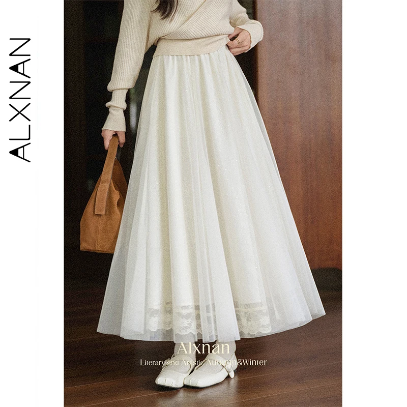 ALXNAN White Skirts Lace Mesh Insert Patchwork Gentle Elegant Versatile Loose-fit Women's Long Skirt High Waist Skirt L569110