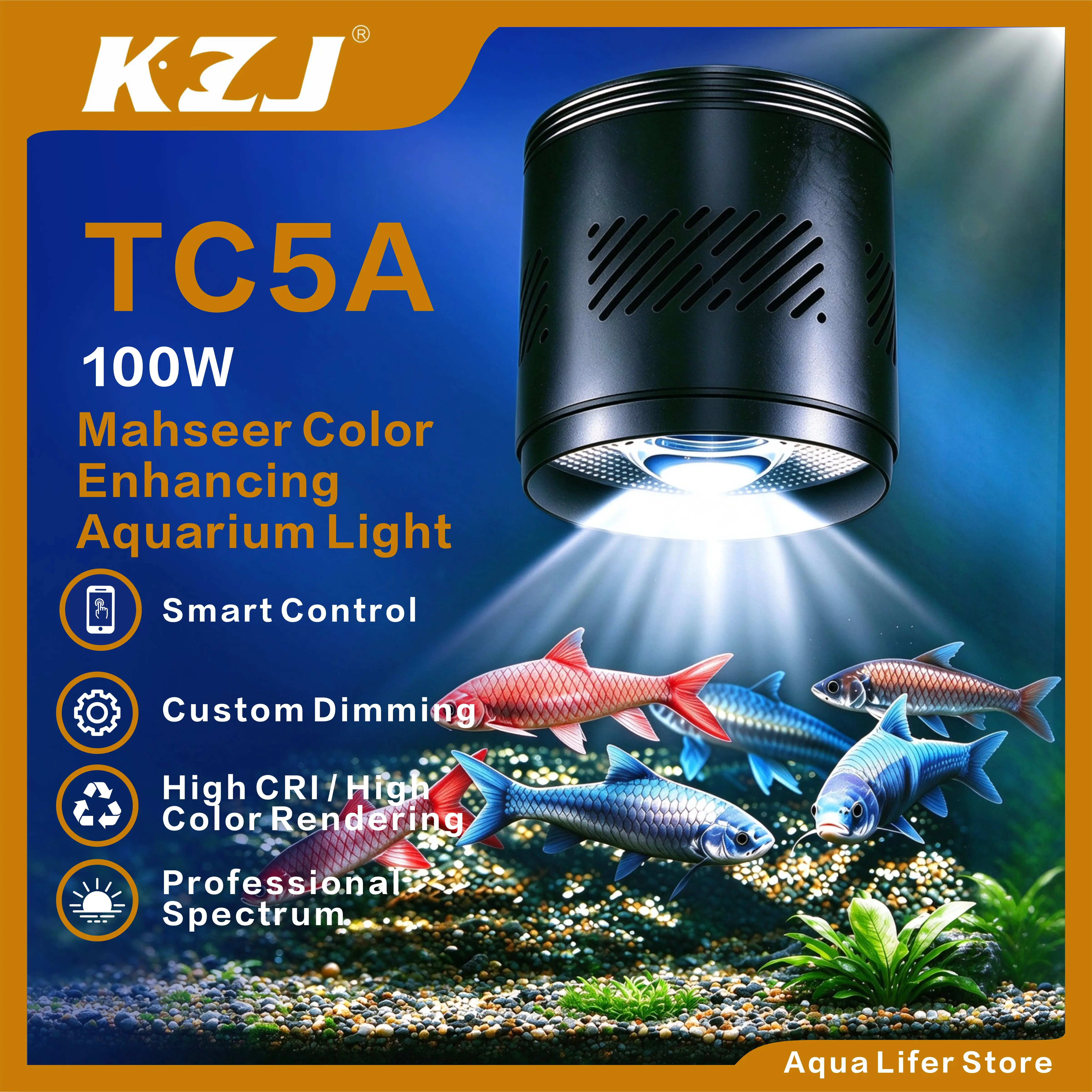 KZJ 100W Nature LED Aquarium Light for Mahseer Fish, Color Enhancing & Algae Bloom, APP Control and Adjustable