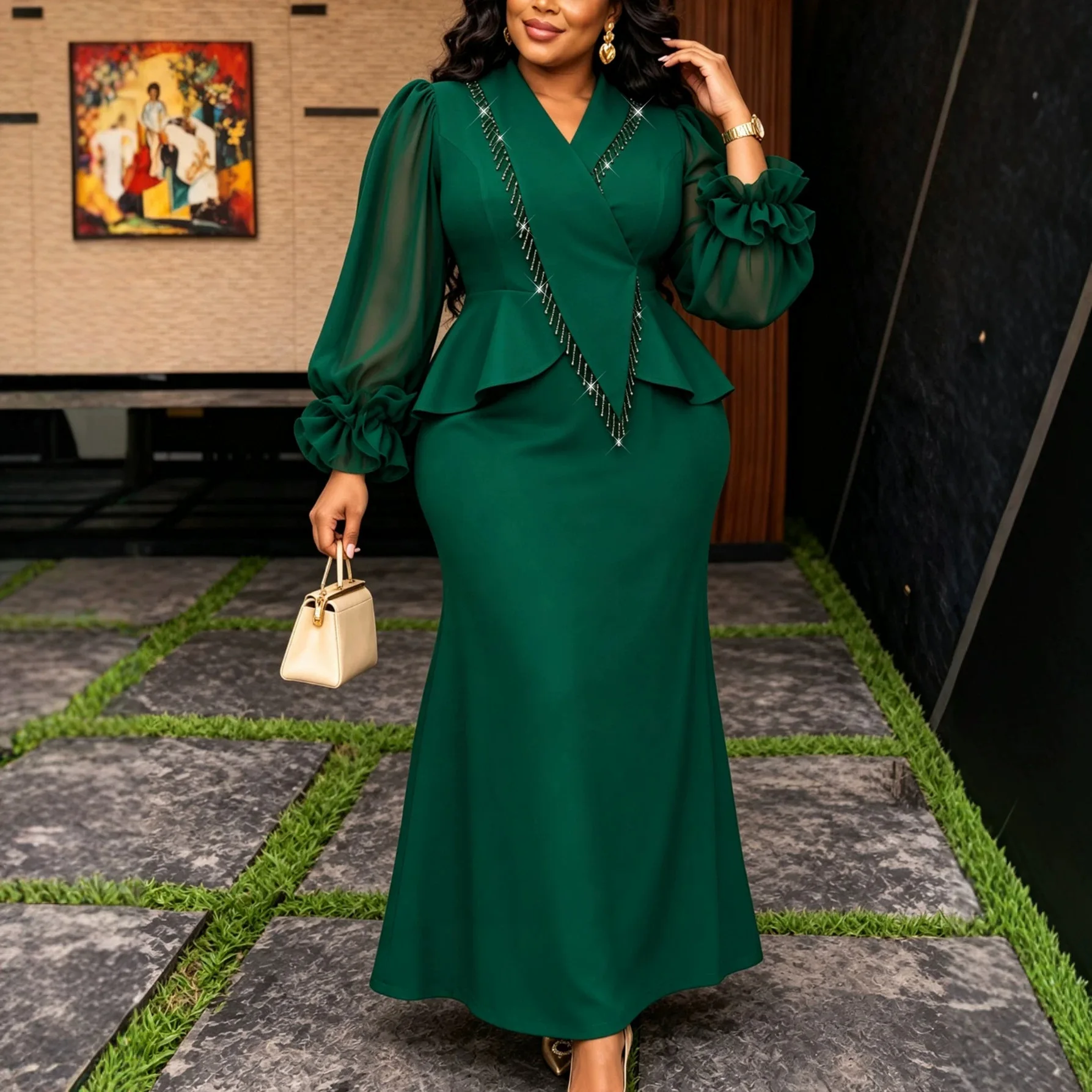 African Women Blazer Dresses V Neck Ruffled Flared Sleeves Beading Slim Bodycon Fishtail Hem Party Event Wedding Guest Gowns