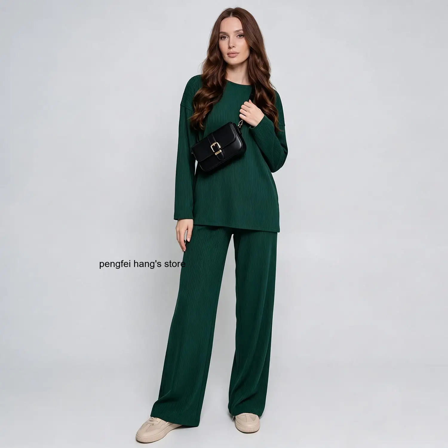 Fashion Ribbed Knit Women Pajama 2 Piece Set Soft Loungewear Home Sleepwear Top and Pants Outfit