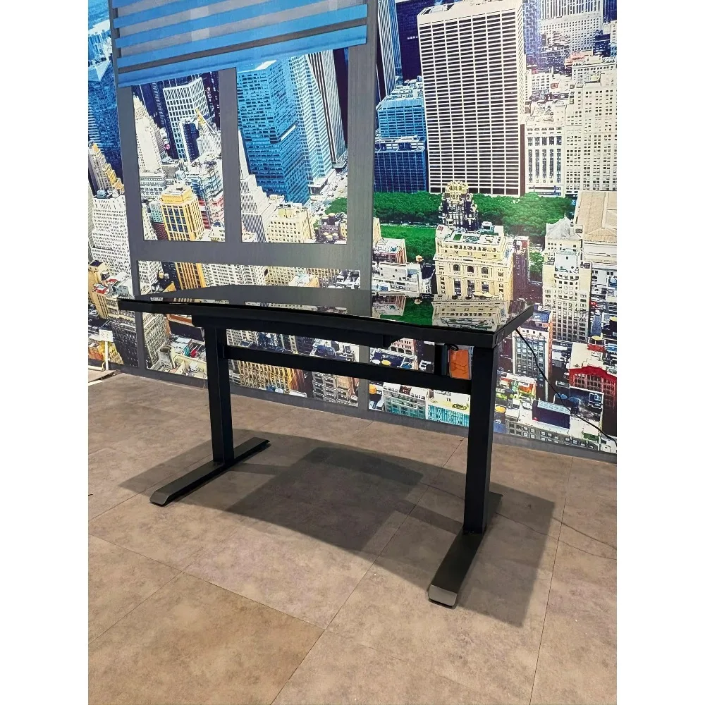 Modern Adjustable Computer Desk Black Glass Countertop Metal Frame Standing Desk