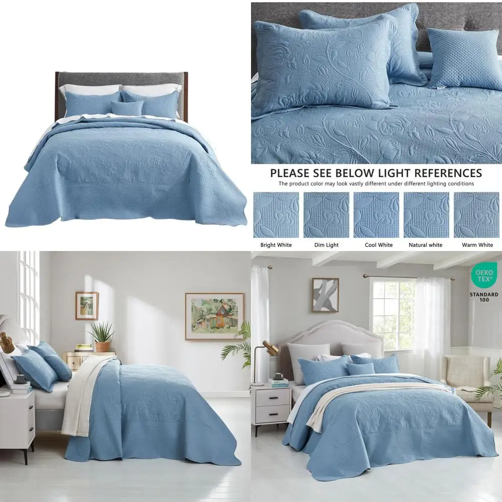 Queen Size Lightweight 5-Piece Reversible Coverlet Set - Ultrasonic Quilted Vintage Rose Pattern Bedding