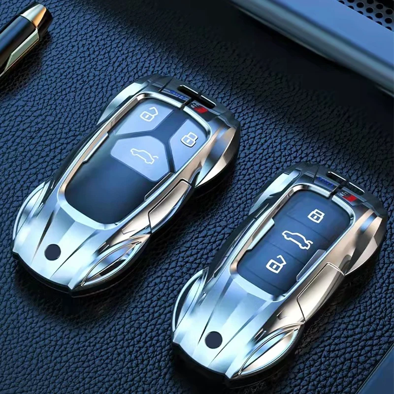 Zinc Alloy Car Key Case Cover with Boutique Metal Leather Keychain for AUDI A6 A4 A3 Q2 Q3 Q5 Q7 A7 A8 Car Key Shell Protector