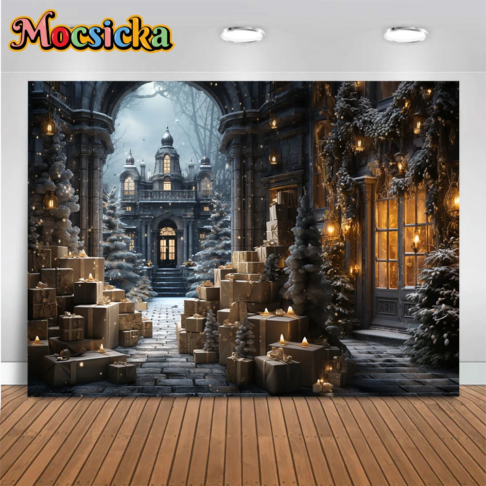 

Christmas Castle Photography Backdrop for Studio Xmas Tree Street Gift Shop Front Decor Background Kids New Year Party Banner