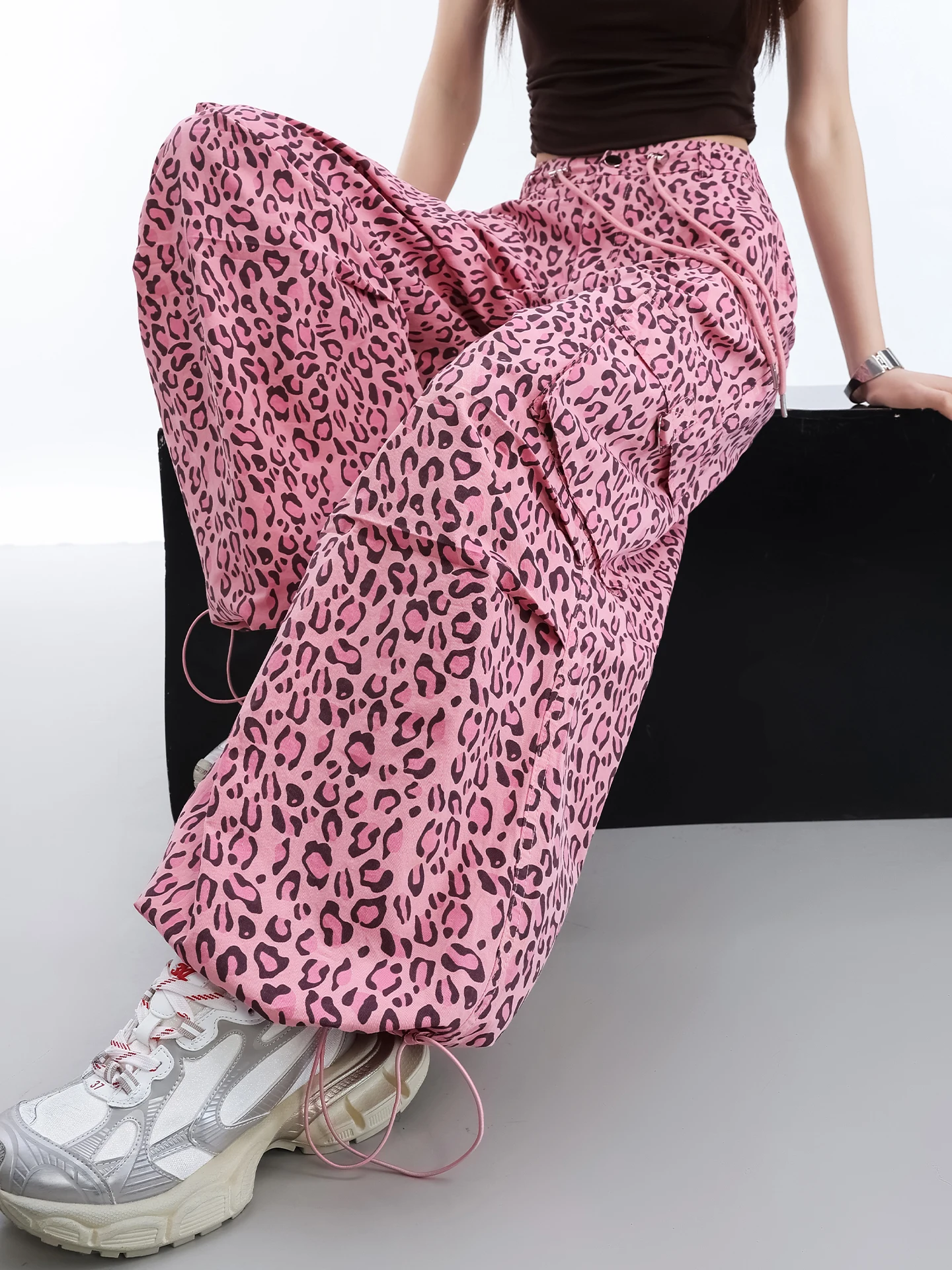 

Rose Red Leopard Print Women's Summer Functional Cool Wide Leg Pants Sports Street Dance Loose Fit High Waist Cotton Casual T...