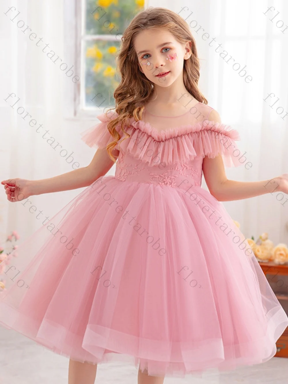 Customized Pink Tulle Flower Girl Dress A Line Knee Length Off Shoulder Short Ruffle Sleeve Embroidered Bodice Wedding Kids Gown
