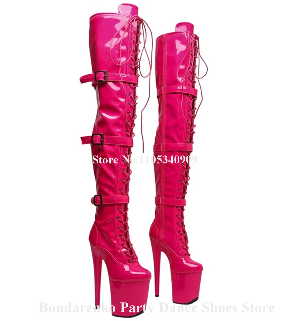 Bondarenko Slim Pink Brown Patent Leather Stiletto Over Knee Boots Round Toe Lace-up High Platform 20cm Thin Heel Dance Shoes