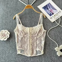 Chic Retro lace PATCHWORK Camis French Fashion Tank Top Slim Crop Top Sexy Women Summer Tops Ins