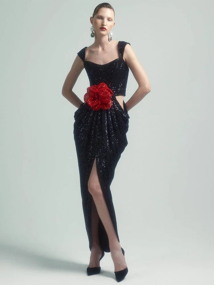 

Party Evening Gown Spliced 3D Structured Flower Slim Dress For Women Square Neck Sequins Folds Sleeveless Hollow Out Ruched
