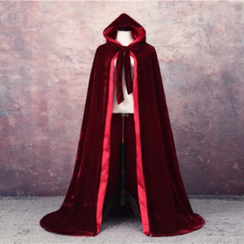 Wine red black velvet hooded cloak wedding cape Halloween wicca robe coat Stock bridal shawl medieval cloak