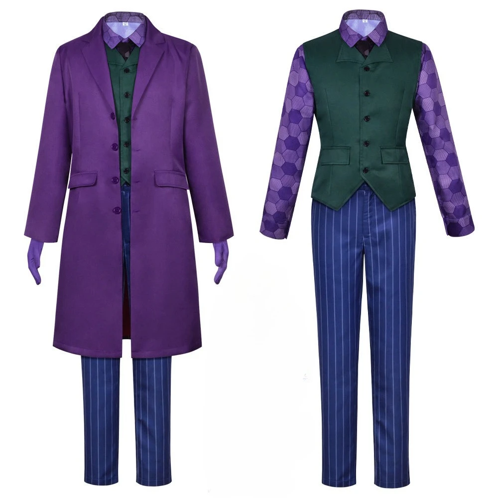 Disfraz de Joker oscuro de murciélago, conjunto completo de payaso, gabardina, camisa, chaleco, traje con corbata, trajes, disfraces de Jokers, máscara para hombres, Halloween