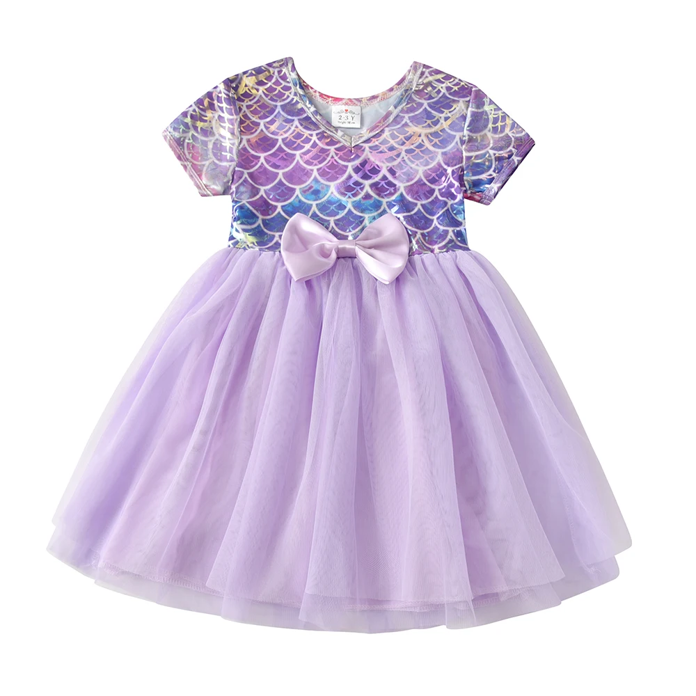 Toddlers Mermaid Print Short Sleeve Dress with Bow Knot Girl Performance Party Prom Gown Kids Purple Mesh Elegant Princess Dress