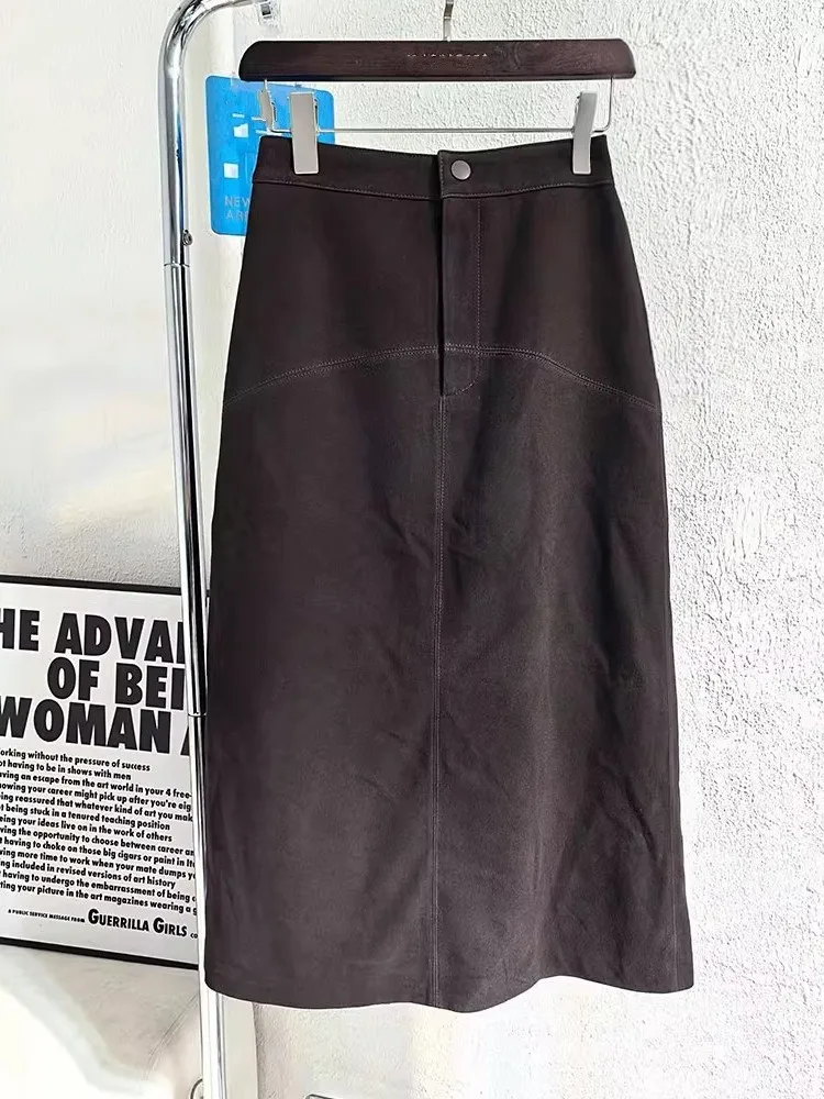 Elegant Ladies Autumn New Back Split Wrap Skirt Mid Calf Long Soft Sheepskin Genuine Leather Skirts Women Vintage Slim Fit Skirt