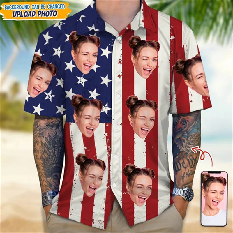 All Over Print Custom Face Photo Hawaii Shirts USA Flag Graphic Picture Unisex Hawaiian Holiday Funny Beach Shirt Blouse Tops