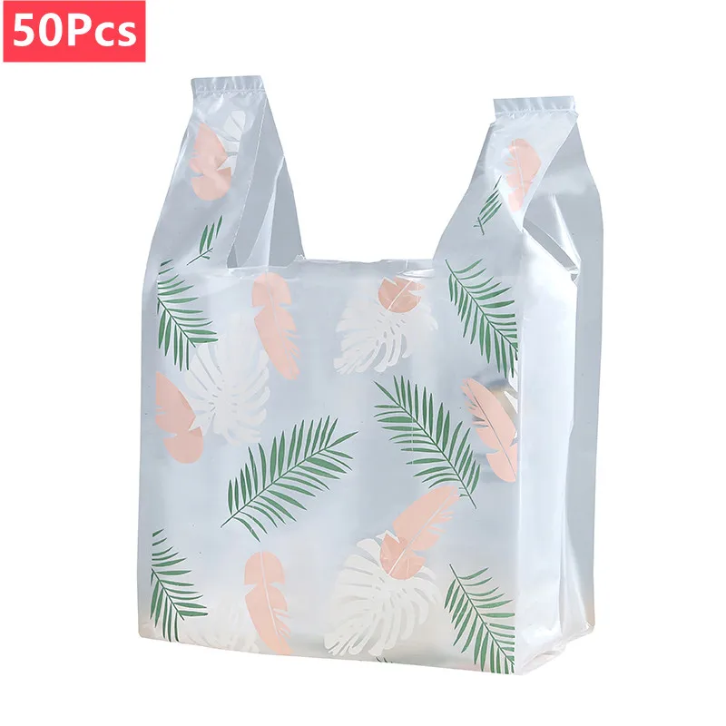 50Pcs Food Plastic Bag Fashion Feather Pattern Vest Bag Pizza Burger Outer Packing Bag Supermarket Store Party Wedding Candy Bag