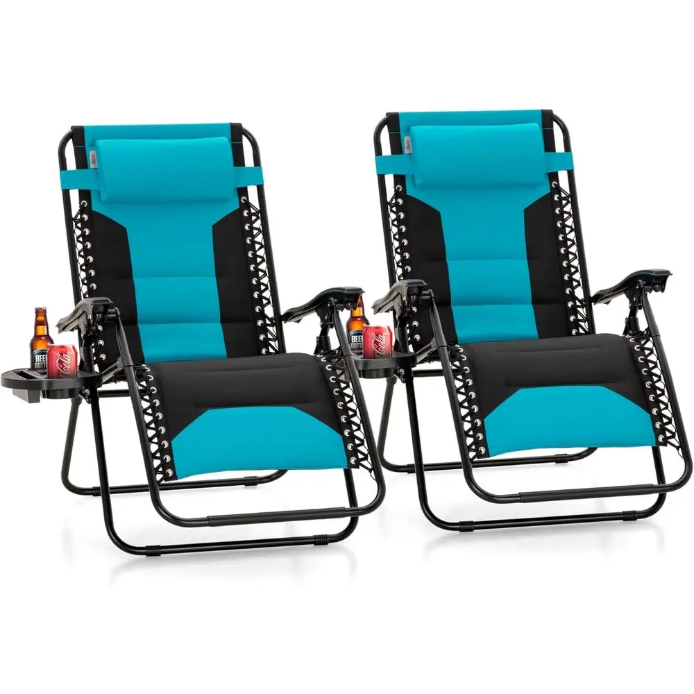 

Aqua Blue Double Zero Gravity Lounge Chairs with Padded Seats, Wide Armrests, Cup Holders, Up to 400 lbs Capacity