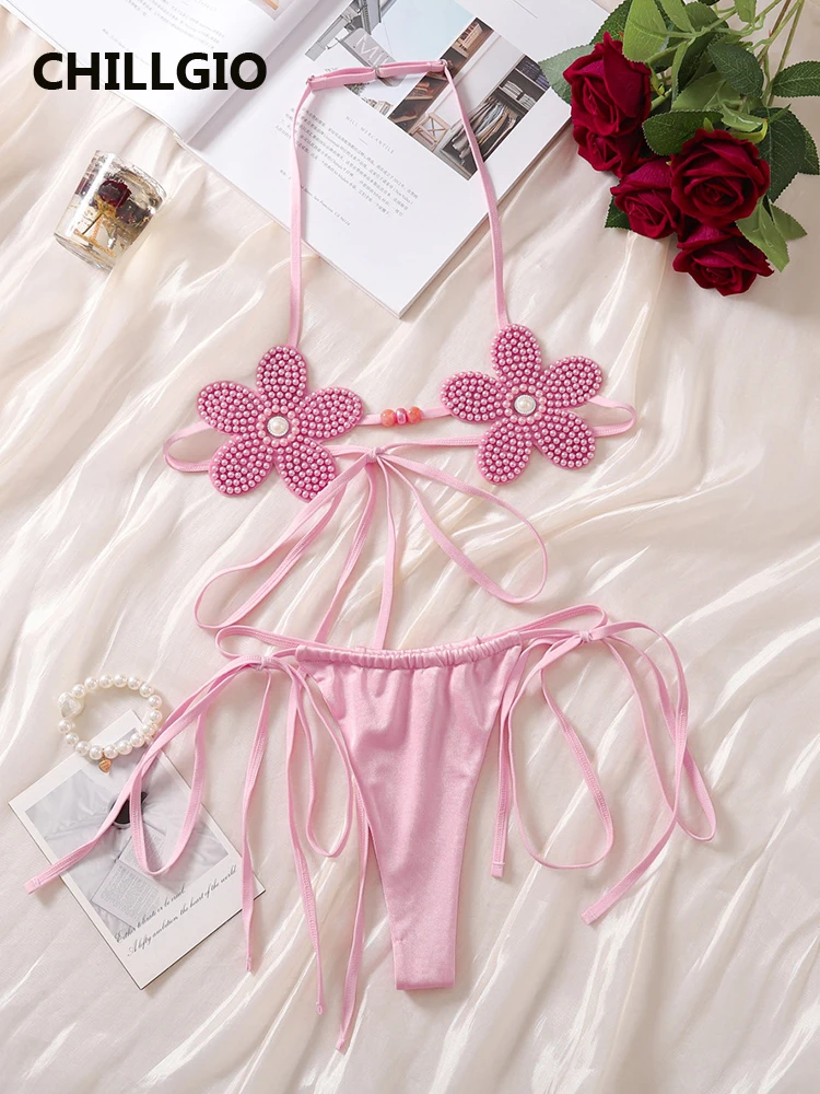 

CHILLGIO Women Pearl Flowers Bra Brief Suit Chic Backless Erotic Lingerie Lace Up Panties Sweet Two Pieces Fasion Underwear Set