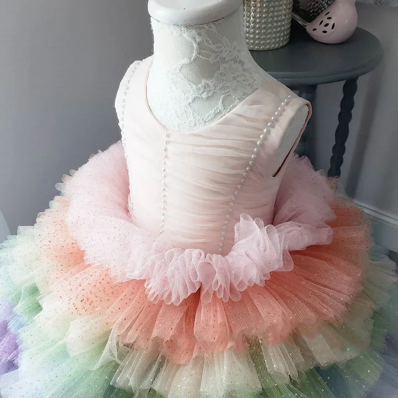 Girls' dress  robe enfant fille pour mariage2023 new spring rainbow color fluffy princess dress birthday children's cake bead