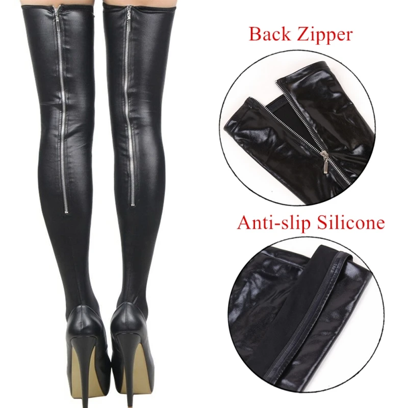 

Plus Size Wet Look PVC Leather Thigh High Stockings Women Sexy Back Zipper Party Socks Faux Boots Hot Pole Dance Clubwear