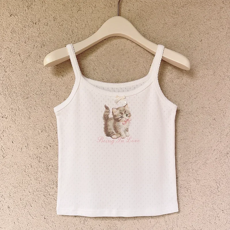 Cute Tops Women Summer Cotton Camis Pink Bow Cat Print Knitted Crop Top for Sweet Girl Lolita Style Kawaii Clothes