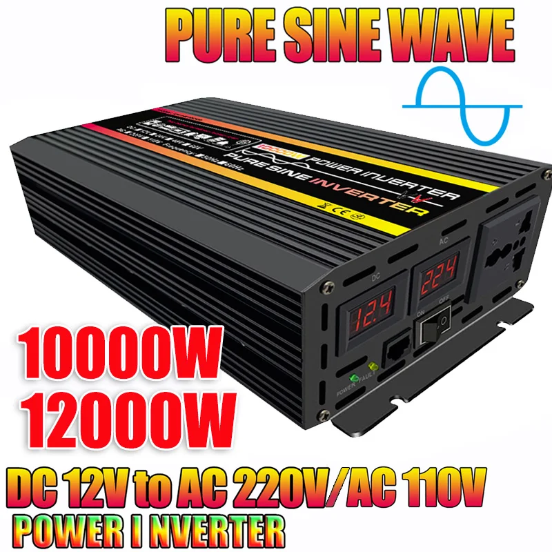 

10000W/12000W Pure Sine Wave Power Inverter Voltage Transformer Intelligent LED Display Car Home Outdoor DC12V to 220V Converter