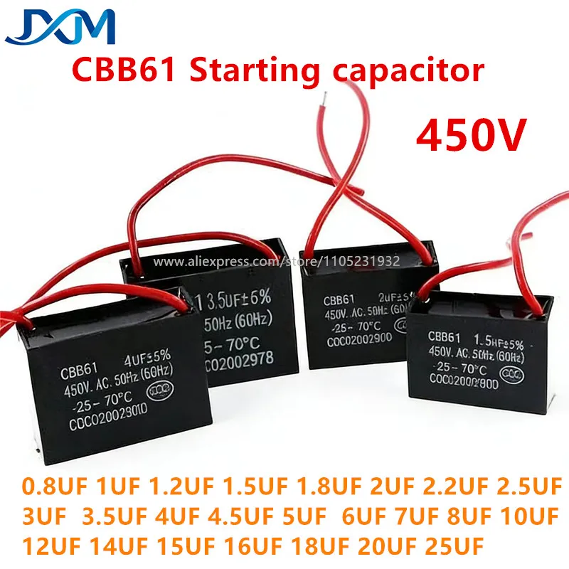 2 condensadores de arranque para ventilador CBB61 450V 0.8UF 1UF 1.2UF 1.5UF 1.8UF 2UF 2.2UF 2.5UF 3UF 4UF 4.5UF 5UF 6UF 7UF 8UF 10UF 12UF 14UF 15UF 16UF 18UF 20UF