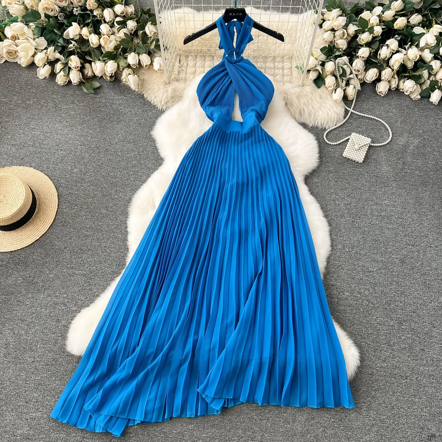 

Pleated Dress Women Long Dresses Halter Beach Sexy A Line Vestidos Streetwear Backless Sleeveless Elegant Splice Y2k 2025 Party