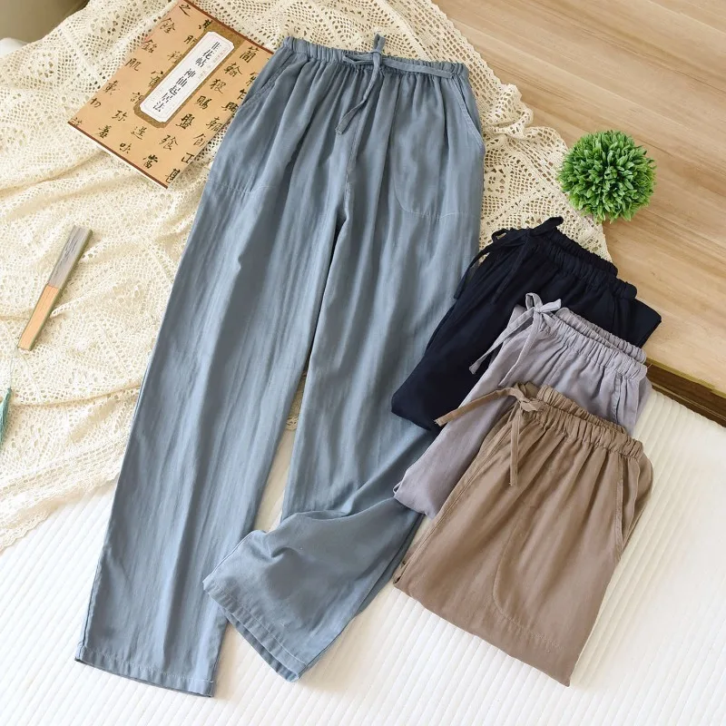 

2025 Новые весенне-осенние однотонные мужские брюки для сна из 100% чистого хлопка, марли, простые брюки для дома, свободные домашние брюки для отдыха