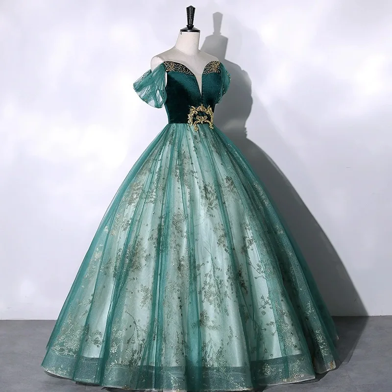 Vocal Music Art Examination Piano Solo Performance Clothes Dark Green Velvet Fashion Evening Dress Female Host