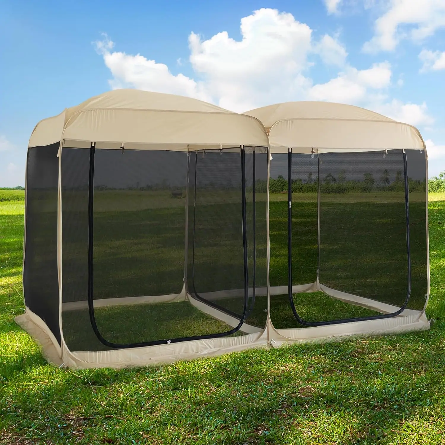 

® Палатка-шатер 12' x 12' (3,66 x 3,66 м) с откидной крышей, всепогодная, для использования в 4 сезонах, с 4 входами, с возможностью добавления штор из ПВХ/сетки/полиэстера, верхняя сетка и покрытие из полиэстера.