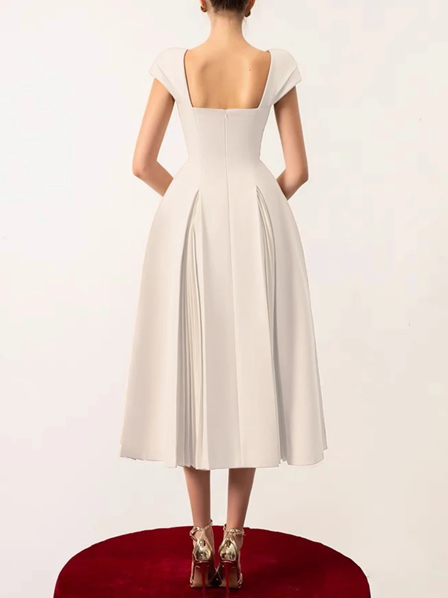 TWOTWINSTYLE Solid Slimming Midi Dresses For Women Square Neck Short Sleeve  High Waist Patchwork Folds Evening Dress Female New - AliExpress 200000345