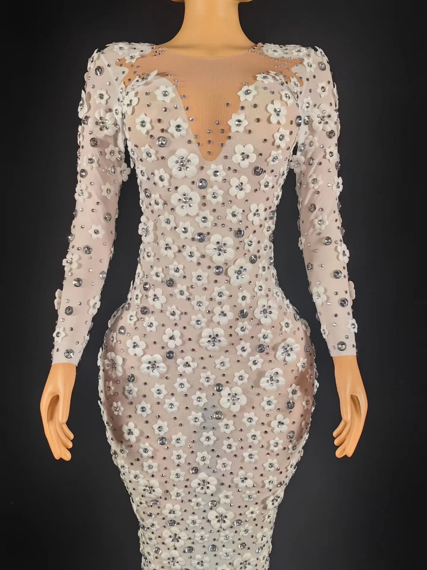 Elegant Sparkly Rhinestone Event Tight Fitting Long Dresses High-end Mysterious Party Sexy Women 3D Flower Evening Gown Cunjie