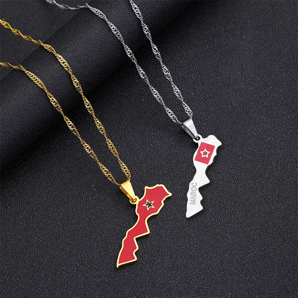 Fashion Kingdom of Morocco Map Flag Pendant Necklace Stainless Steel African Men Women Maps Jewelry Gift