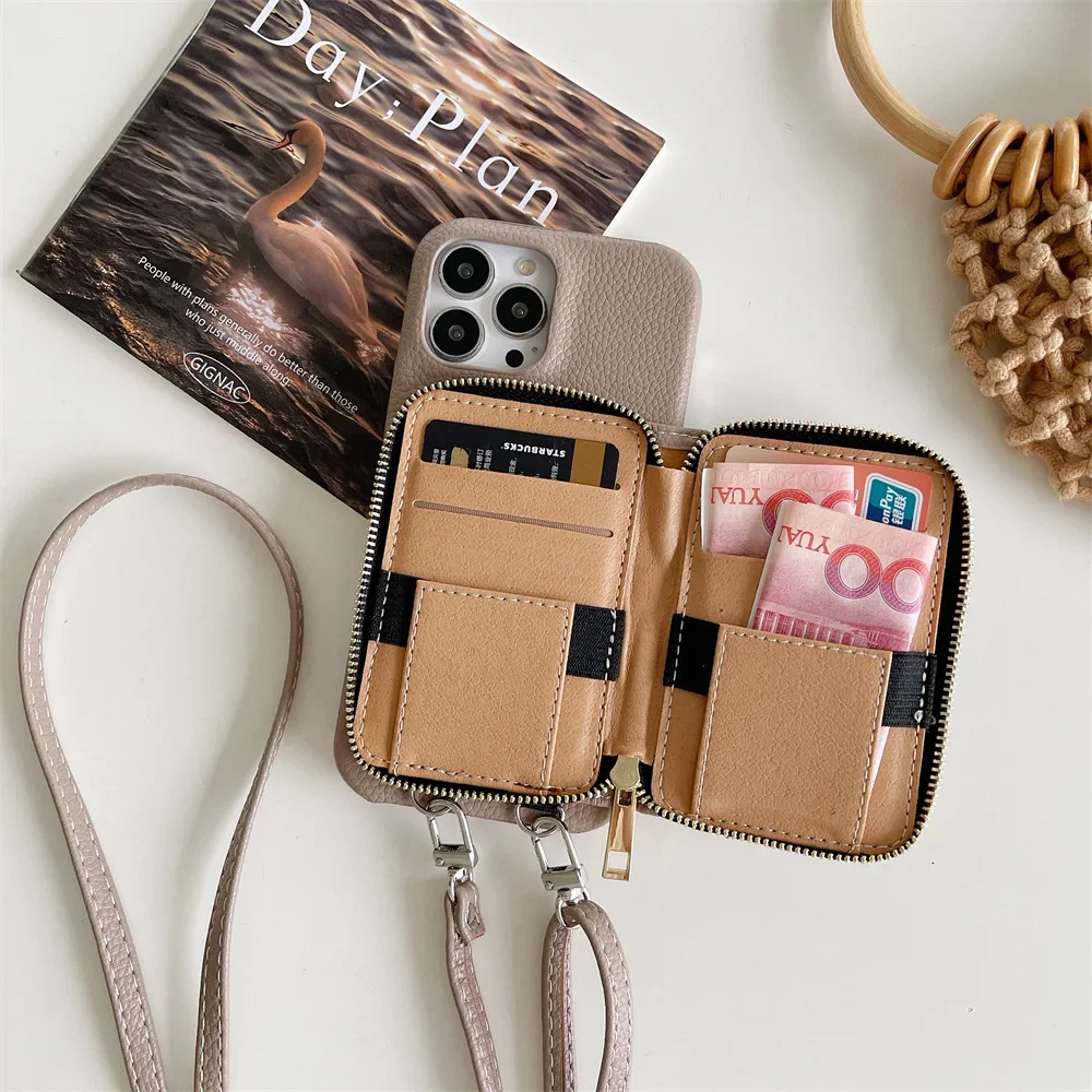 Zipper Wallet Leather Cover For iPhone 16 15 14 13 12 Mini 11 Pro XS Max XR 8 7 Plus Card Slot Crossbody Shoulder Lanyard Case