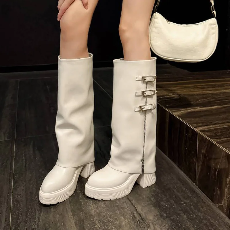 Botas de mujer de cuero de becerro, de media caña, con punta redonda, plataforma, tacón de bloque, cierre de cremallera, suela de goma, color negro y beige, botas de moda para uso diario F350.