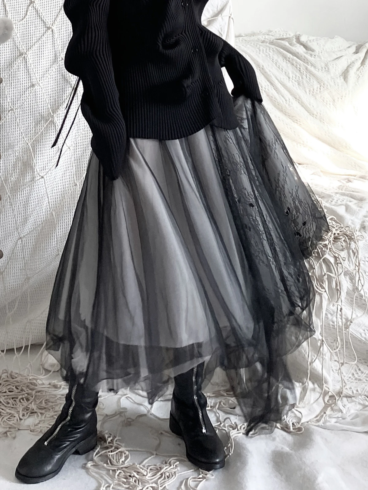 

BKMS k Sweet Halloween Кружевная тюлевая юбка с неровным подолом Пышная юбка средней длины трапециевидной формы миди однотонного цвета