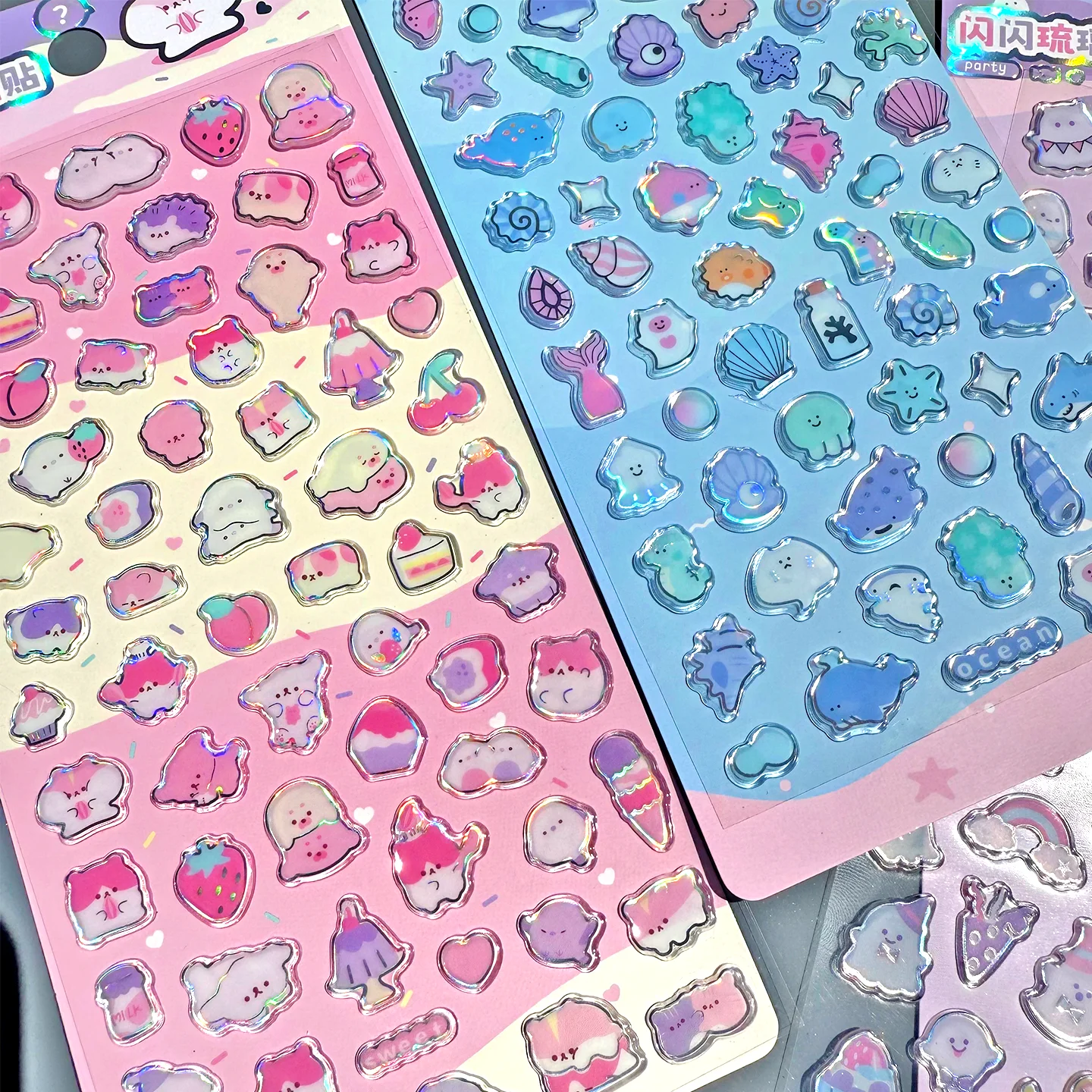 4 pcs Cute Ocean Cats Animals Sweet Laser Stickers Scrapbooking Diy Journal Stationery Sticker Decor School Supplies Gift