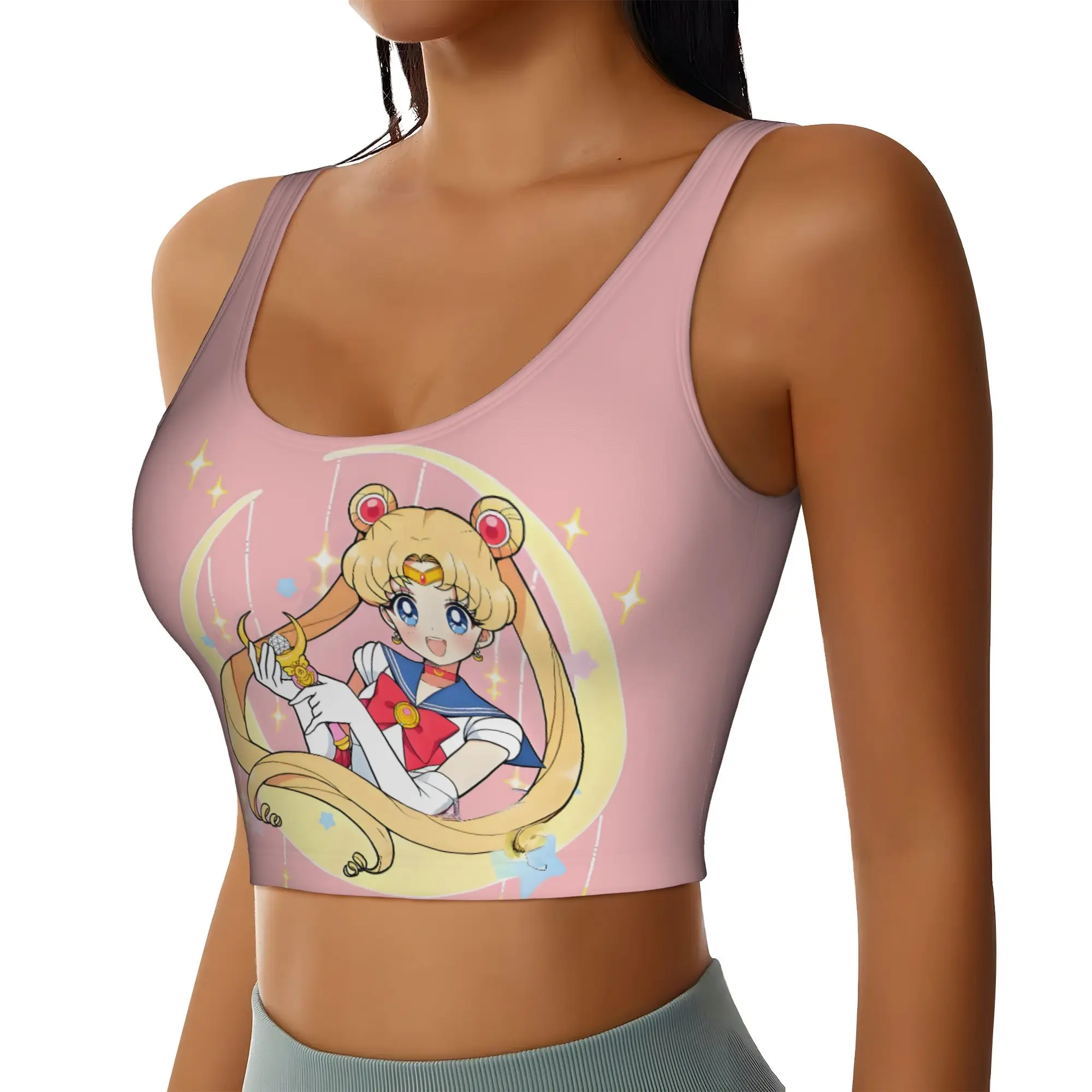 Custom Women's Sailors Anime Moons Sports Bras Usagi Tsukino High Impact Gym Workout Running Crop Tank Tops