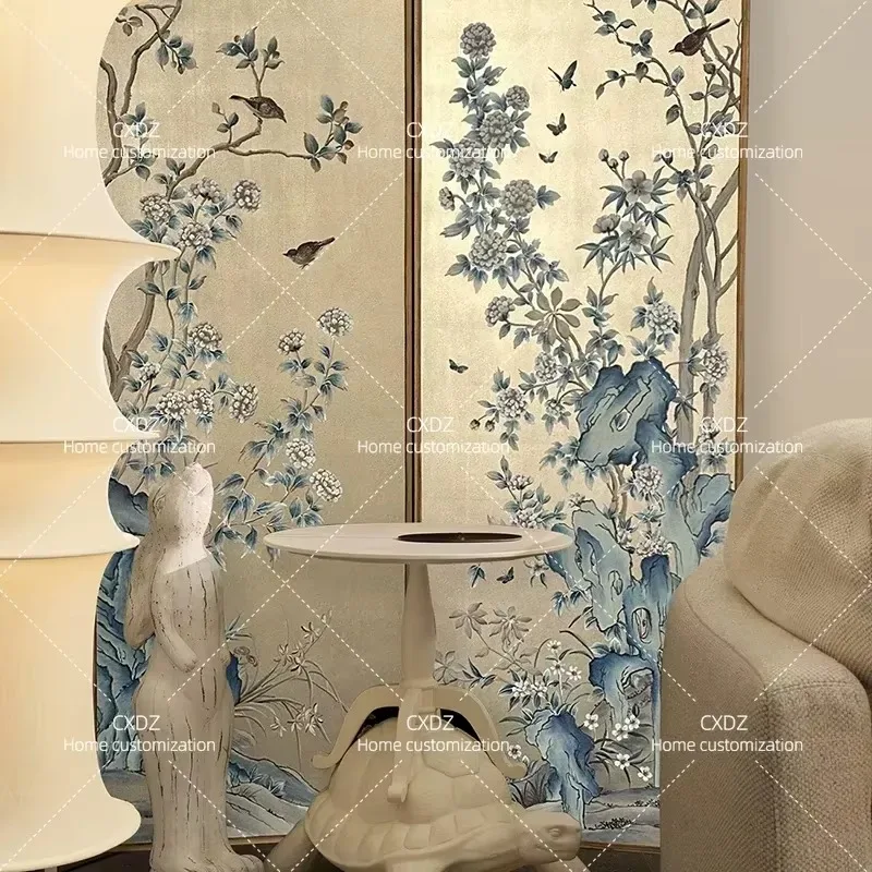 Retro Cream Screen Folding Partition for Living Room Entrance Background Wall Silver Foil Lacquer Painting for Tea Room