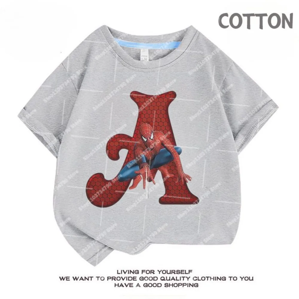 Marvels SpiderMan Letter Grey Baby Children T-Shirt Girl Boy A-Z Fashion Cartoons Clothes Kid Tee Shirts Cotton Casual Top