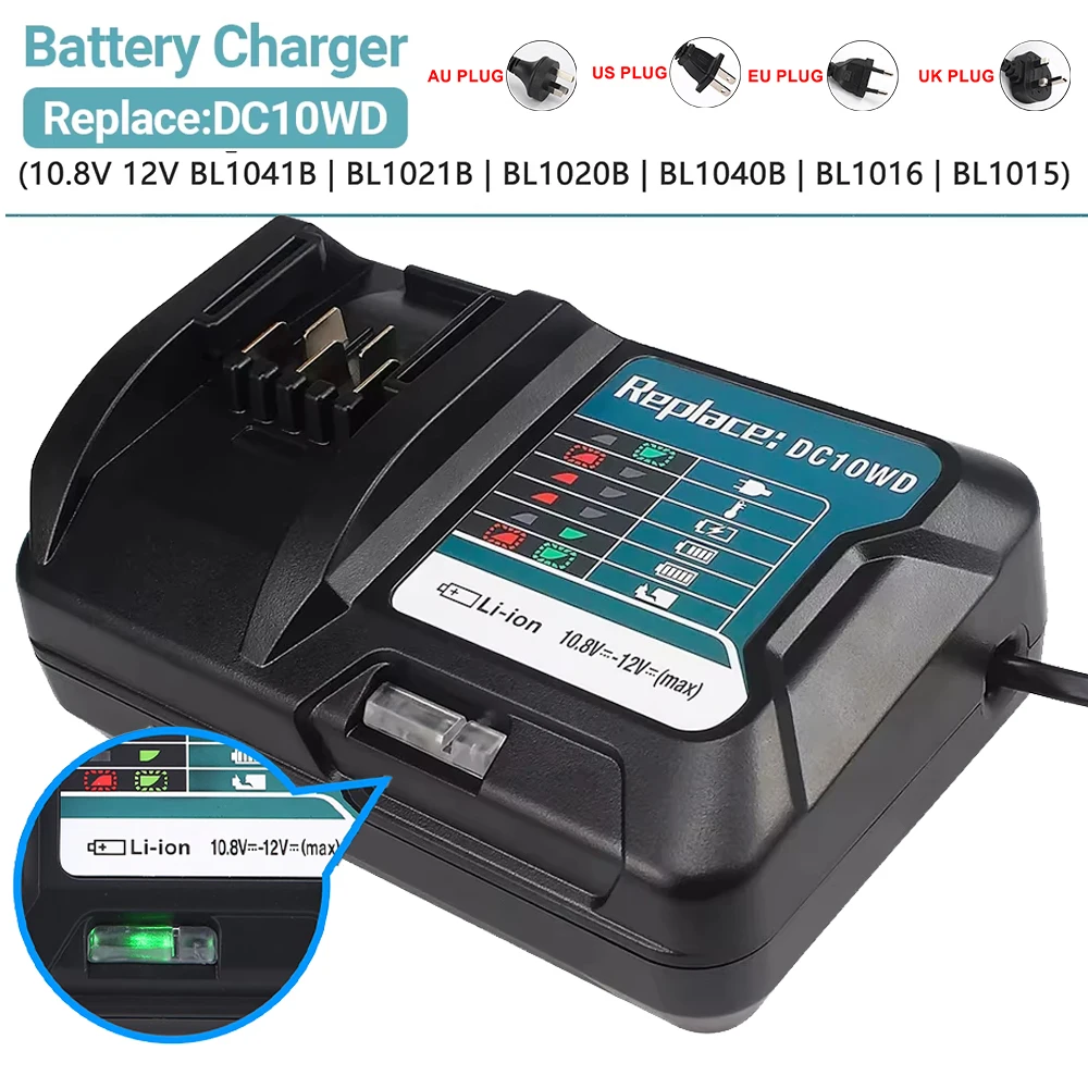 

Быстрое зарядное устройство для литиевых батарей 10,8 В 12 В для Makita DC10WD/BL1015 EU US AU UK, зарядное устройство для литиевых светодиодных фонарей, вилка 100-240 В