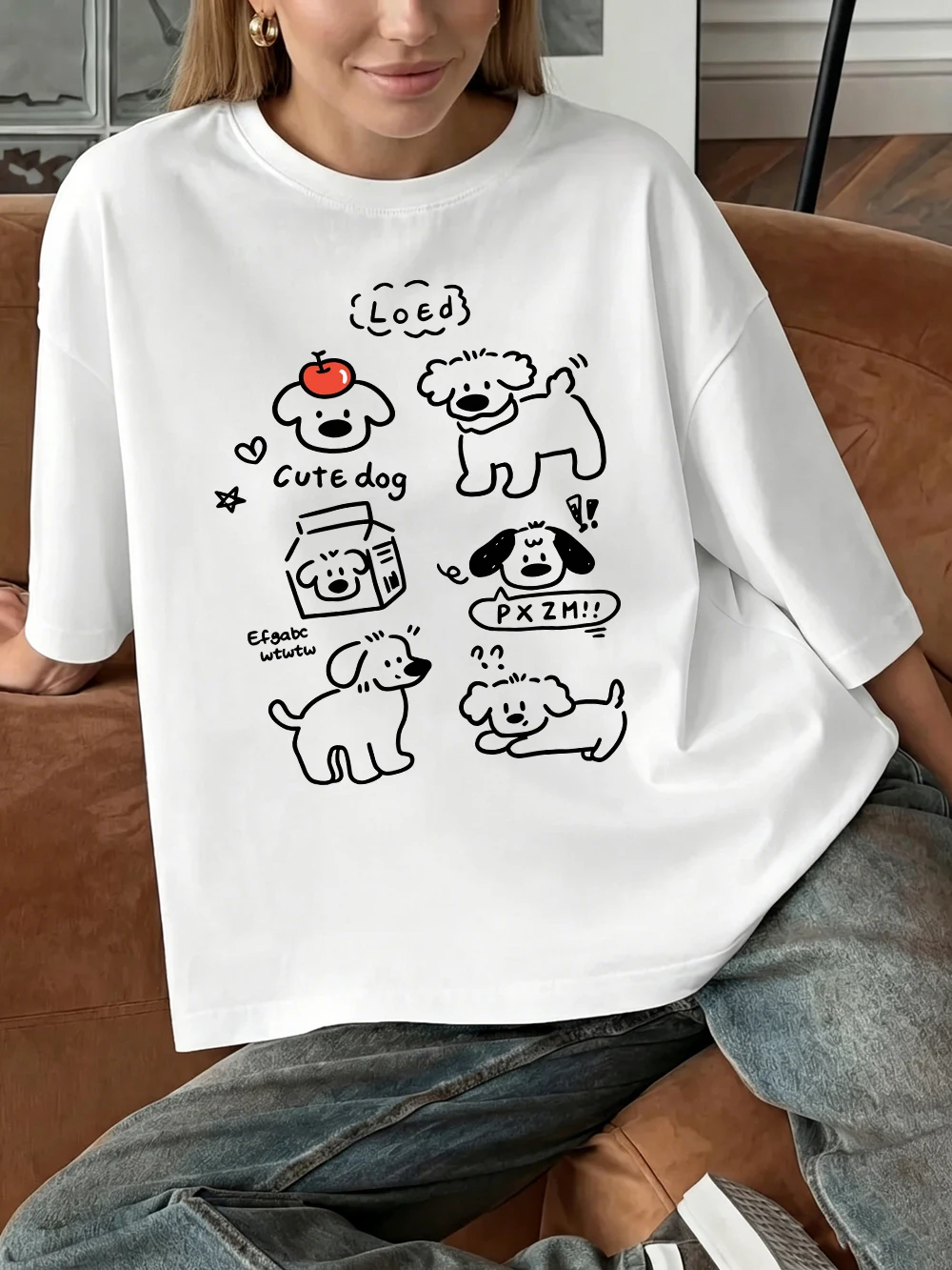 Korean Cartoon Cute Dog Prints Cotton T-Shirts Womens Summer Oversized Tops O-Neck Soft Short Sleeve T Shirt Basic Woman Clothes
