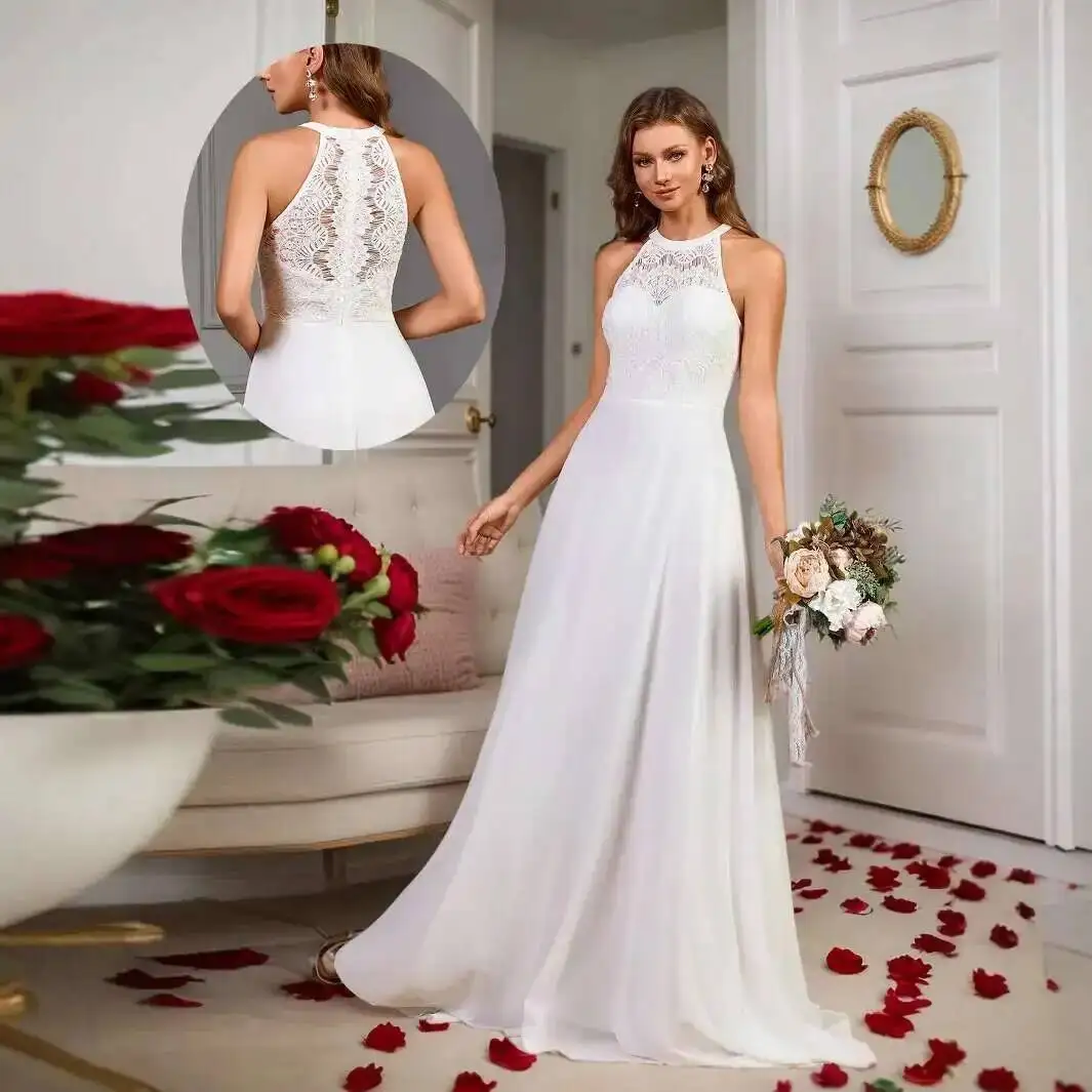 

Fashionable Neck Hanging Embroidered Slit Dress with Slim Fit and Ground Falling Fish Tail Temperament Evening Gown Elegant