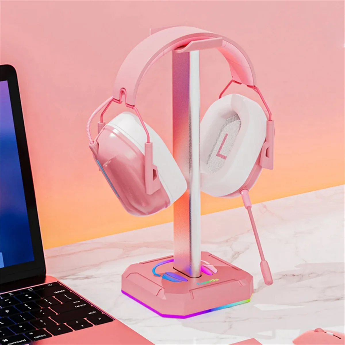 Headphone Bracket Display Rack RGB Backlight Head Mounted Stand Holder Desktop Organizer Vertical Bracket Hanger,Pink